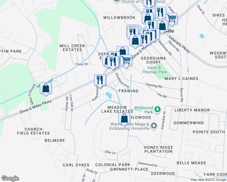 map of restaurants, bars, coffee shops, grocery stores, and more near 952 Whippoorwill Way in Hinesville