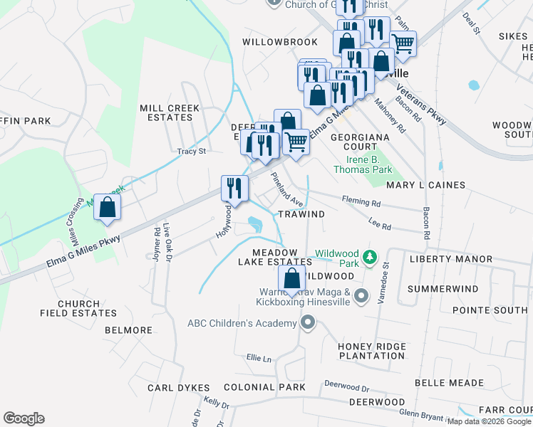 map of restaurants, bars, coffee shops, grocery stores, and more near 952 Whippoorwill Way in Hinesville