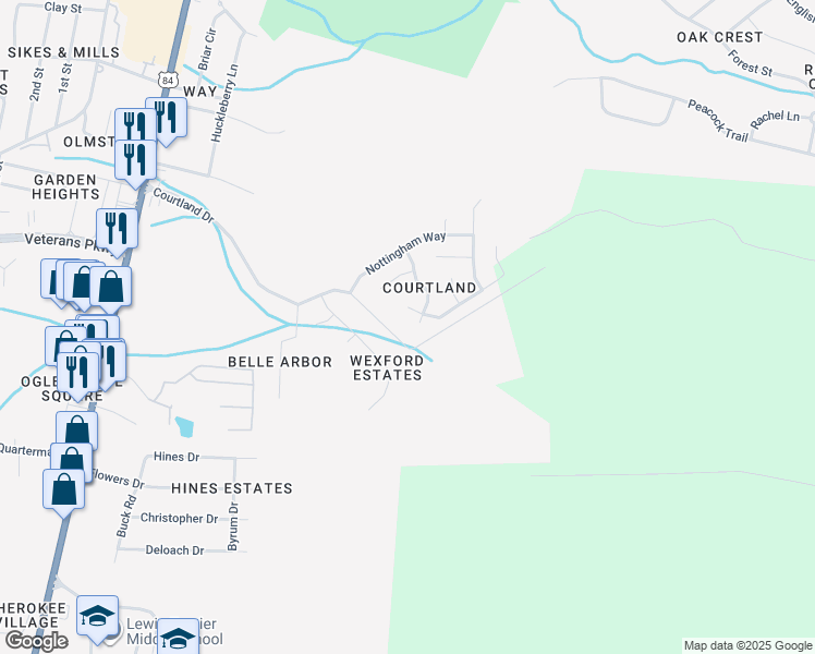 map of restaurants, bars, coffee shops, grocery stores, and more near 734 Dover Lane in Hinesville