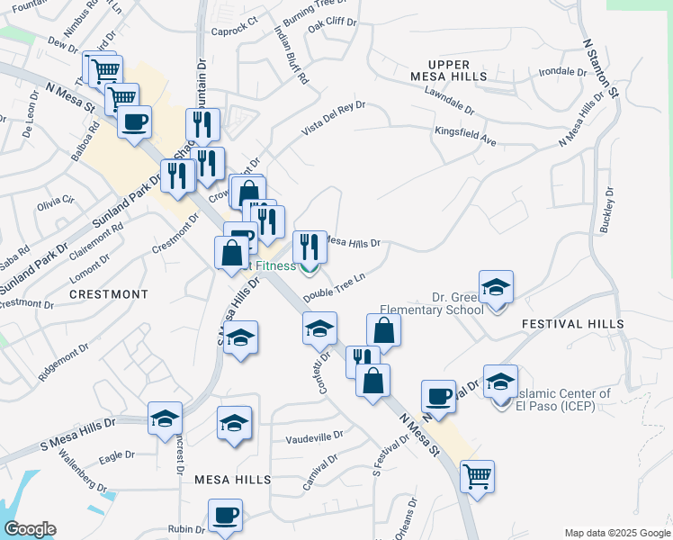 map of restaurants, bars, coffee shops, grocery stores, and more near 200 North Mesa Hills Drive in El Paso