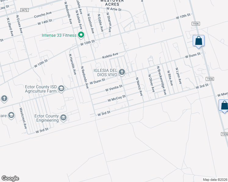 map of restaurants, bars, coffee shops, grocery stores, and more near 7117 West Venita Street in Odessa