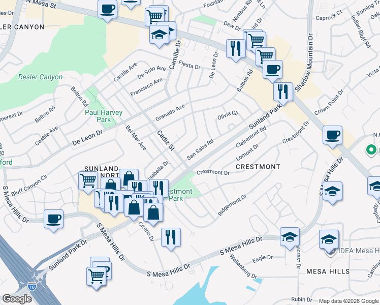 map of restaurants, bars, coffee shops, grocery stores, and more near 419 San Saba Road in El Paso