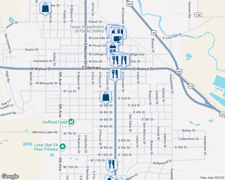 map of restaurants, bars, coffee shops, grocery stores, and more near 812 South Commercial Avenue in Coleman