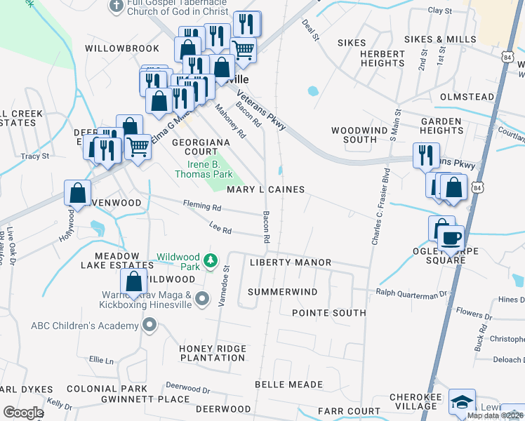 map of restaurants, bars, coffee shops, grocery stores, and more near 829 Bacon Road in Hinesville