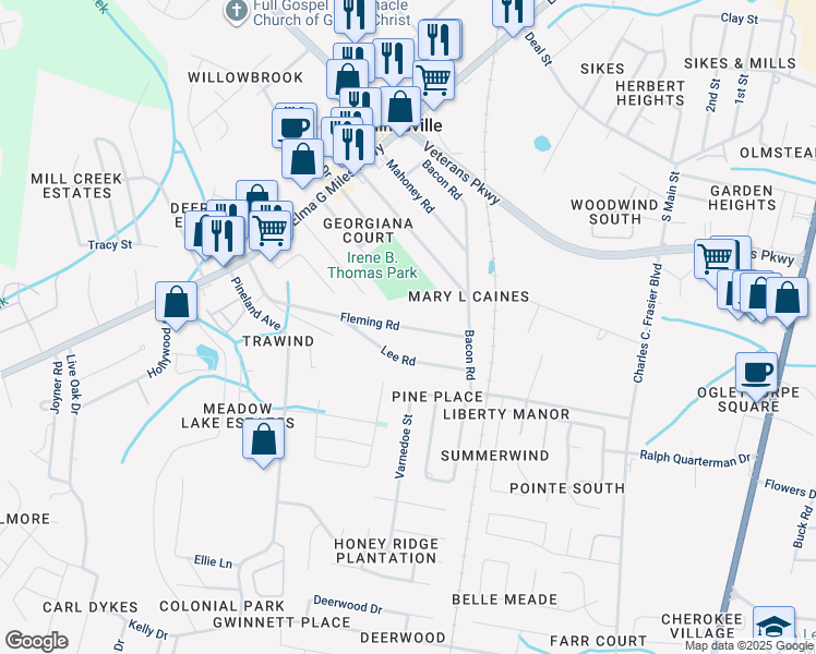 map of restaurants, bars, coffee shops, grocery stores, and more near 646 Fleming Road in Hinesville