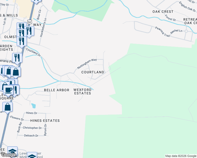 map of restaurants, bars, coffee shops, grocery stores, and more near 805 East Oxford Lane in Hinesville