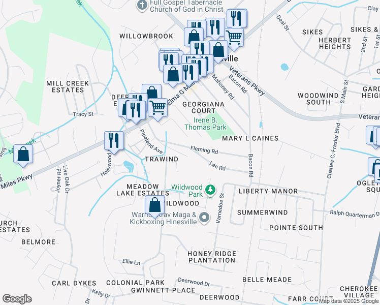 map of restaurants, bars, coffee shops, grocery stores, and more near 724 Fleming Road in Hinesville