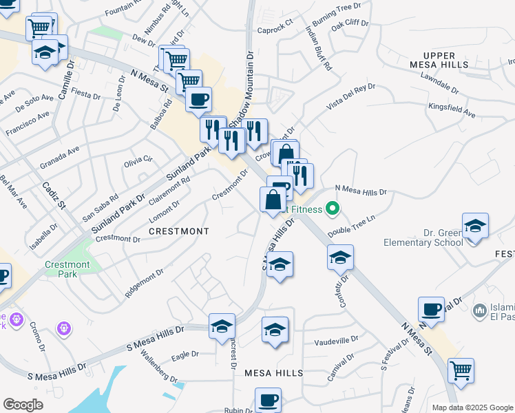 map of restaurants, bars, coffee shops, grocery stores, and more near 5845 North Mesa Street in El Paso