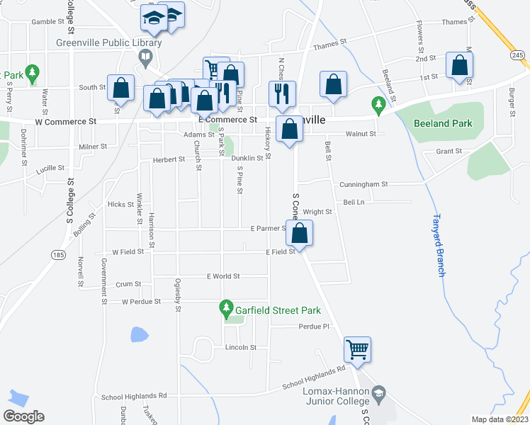 map of restaurants, bars, coffee shops, grocery stores, and more near 340 Hickory Street in Greenville