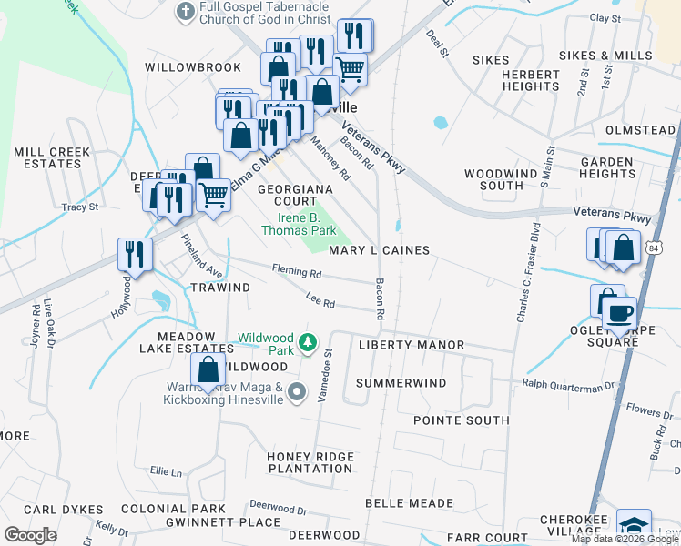 map of restaurants, bars, coffee shops, grocery stores, and more near 638 Fleming Road in Hinesville