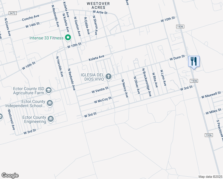 map of restaurants, bars, coffee shops, grocery stores, and more near 6826 West Venita Street in Odessa