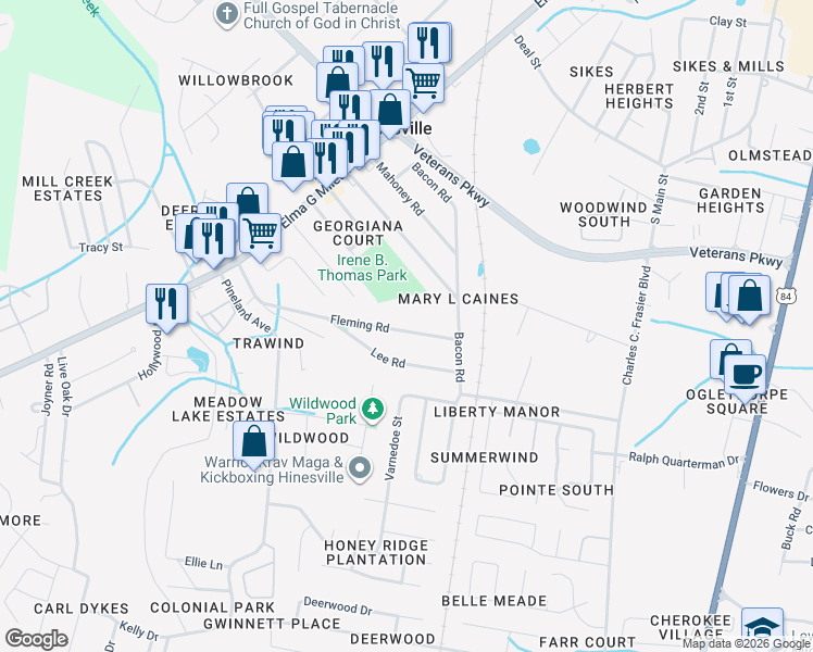 map of restaurants, bars, coffee shops, grocery stores, and more near 642 Fleming Road in Hinesville