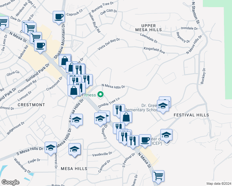 map of restaurants, bars, coffee shops, grocery stores, and more near 219 North Mesa Hills Drive in El Paso