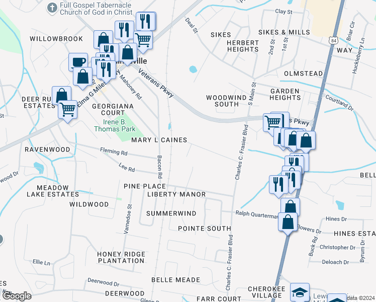 map of restaurants, bars, coffee shops, grocery stores, and more near 147 Cherrie Murrell Street in Hinesville