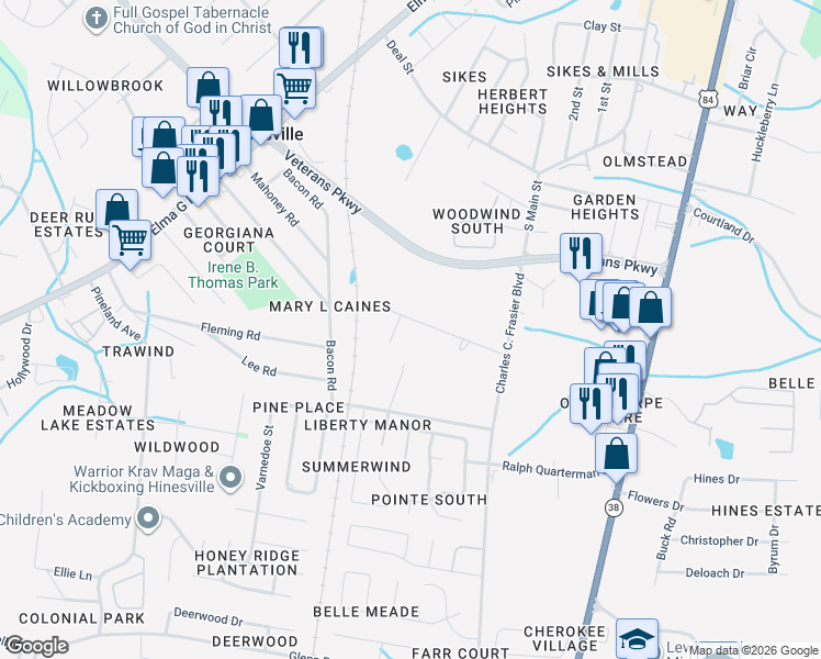 map of restaurants, bars, coffee shops, grocery stores, and more near 147 Cherrie Murrell Street in Hinesville