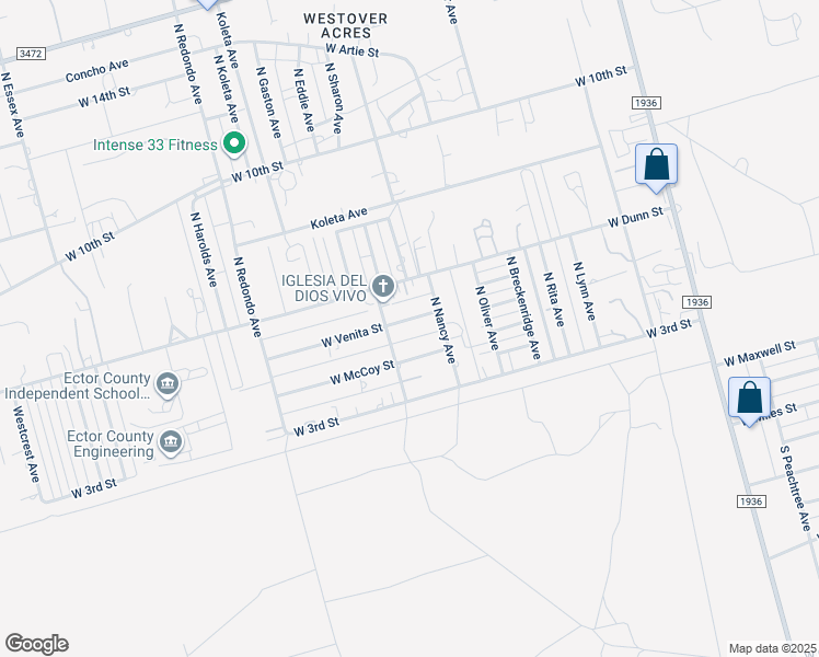 map of restaurants, bars, coffee shops, grocery stores, and more near 6826 West Venita Street in Odessa