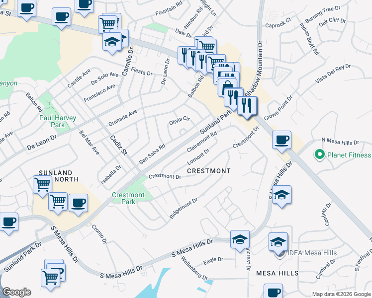 map of restaurants, bars, coffee shops, grocery stores, and more near 315 San Saba Road in El Paso