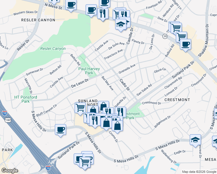 map of restaurants, bars, coffee shops, grocery stores, and more near 521 Balboa Road in El Paso