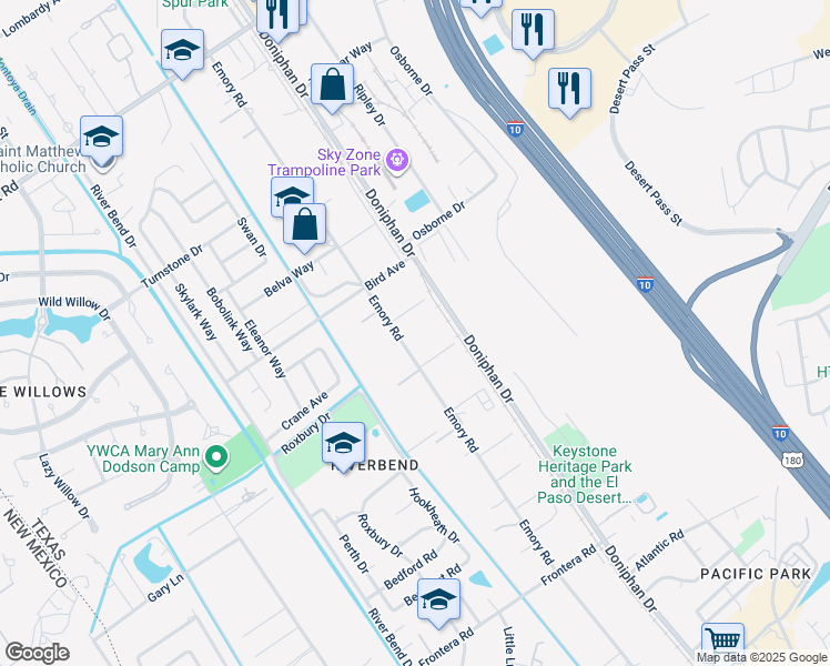 map of restaurants, bars, coffee shops, grocery stores, and more near 122 Mahogany Lane in El Paso