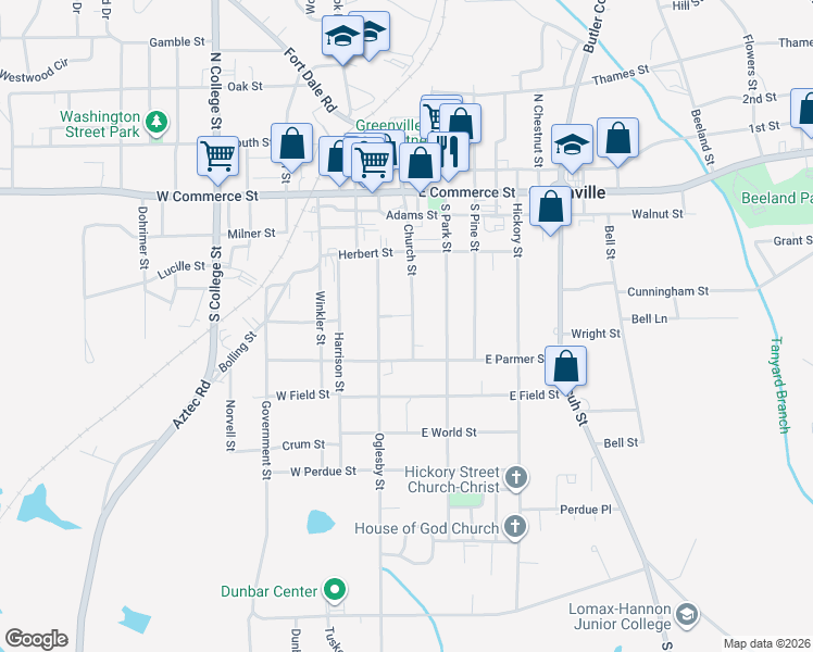 map of restaurants, bars, coffee shops, grocery stores, and more near 334 Church Street in Greenville
