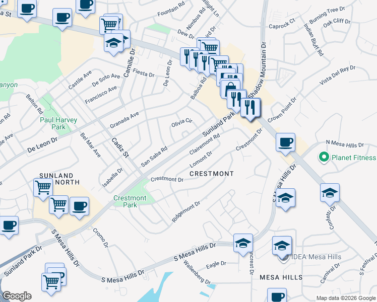 map of restaurants, bars, coffee shops, grocery stores, and more near 315 San Saba Road in El Paso