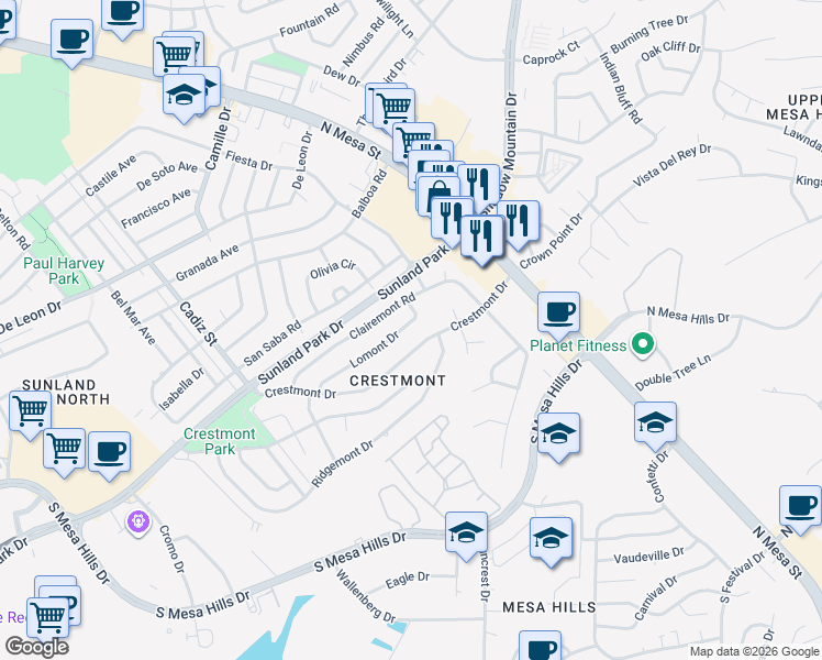 map of restaurants, bars, coffee shops, grocery stores, and more near 225 Lomont Drive in El Paso
