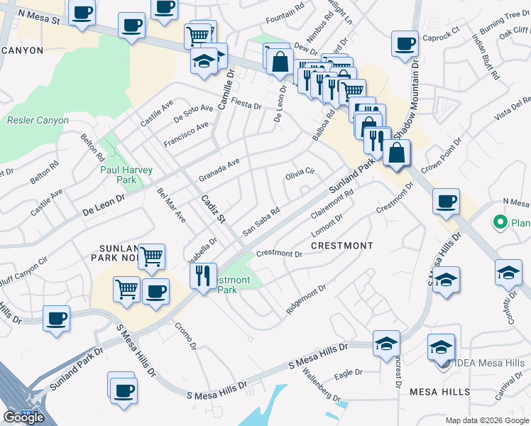 map of restaurants, bars, coffee shops, grocery stores, and more near 6000 Alcalde Avenue in El Paso