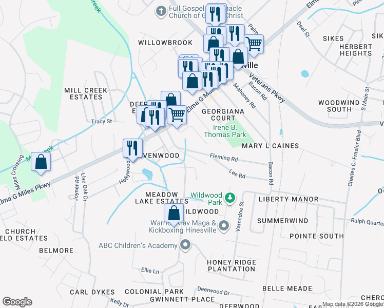 map of restaurants, bars, coffee shops, grocery stores, and more near 740 Fleming Road in Hinesville