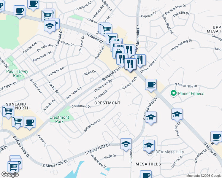 map of restaurants, bars, coffee shops, grocery stores, and more near 225 Lomont Drive in El Paso