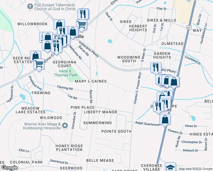 map of restaurants, bars, coffee shops, grocery stores, and more near 147 Cherrie Murrell Street in Hinesville