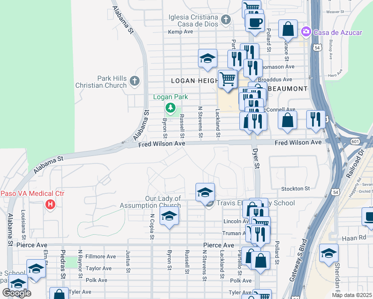 map of restaurants, bars, coffee shops, grocery stores, and more near 7167 Lazear Street in El Paso