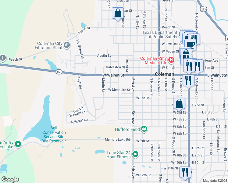 map of restaurants, bars, coffee shops, grocery stores, and more near 1005 West Mesquite Street in Coleman