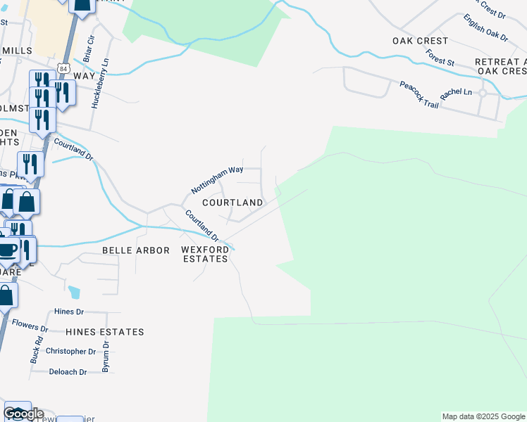 map of restaurants, bars, coffee shops, grocery stores, and more near 812 East Oxford Lane in Hinesville