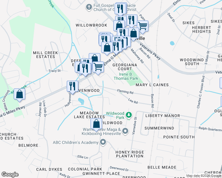 map of restaurants, bars, coffee shops, grocery stores, and more near 740 Fleming Rd in Hinesville