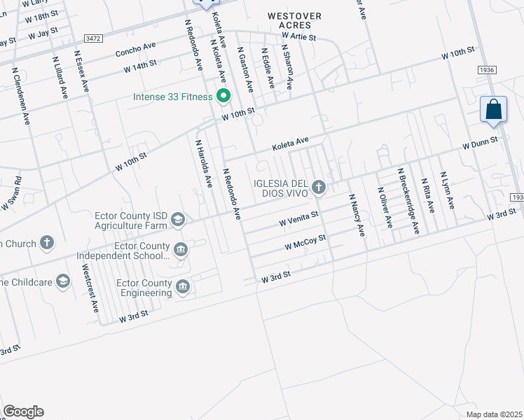 map of restaurants, bars, coffee shops, grocery stores, and more near 7239-7391 W Dunn St in Odessa