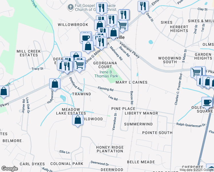 map of restaurants, bars, coffee shops, grocery stores, and more near 708 Fleming Road in Hinesville