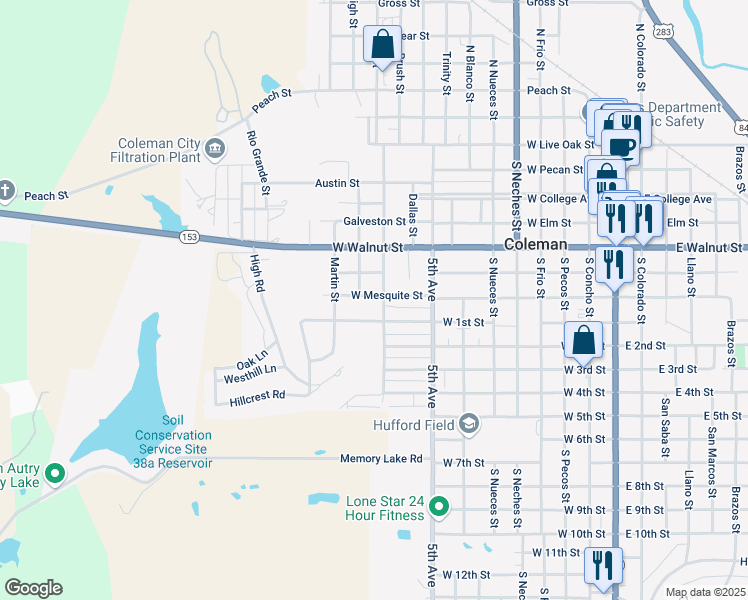 map of restaurants, bars, coffee shops, grocery stores, and more near 1005 West Mesquite Street in Coleman
