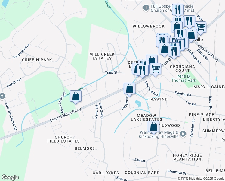 map of restaurants, bars, coffee shops, grocery stores, and more near 947 Elma G Miles Pkwy in Hinesville