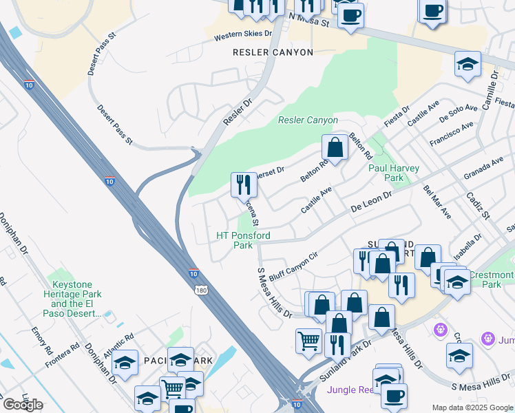 map of restaurants, bars, coffee shops, grocery stores, and more near 6324 Marcena Street in El Paso