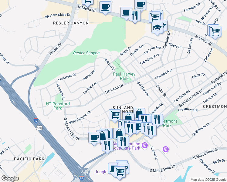map of restaurants, bars, coffee shops, grocery stores, and more near 628 De Leon Drive in El Paso