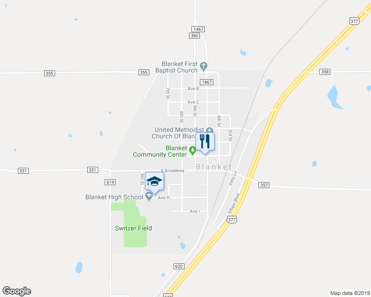 map of restaurants, bars, coffee shops, grocery stores, and more near 603 Avenue F in Blanket