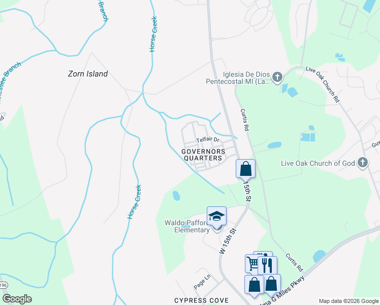 map of restaurants, bars, coffee shops, grocery stores, and more near 501 Forsyth Drive in Hinesville