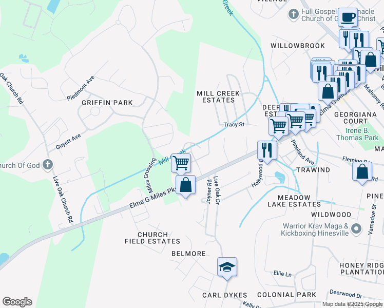 map of restaurants, bars, coffee shops, grocery stores, and more near 947 Elma G Miles Parkway in Hinesville