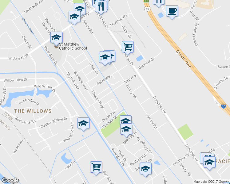 map of restaurants, bars, coffee shops, grocery stores, and more near 244 Bird Avenue in El Paso