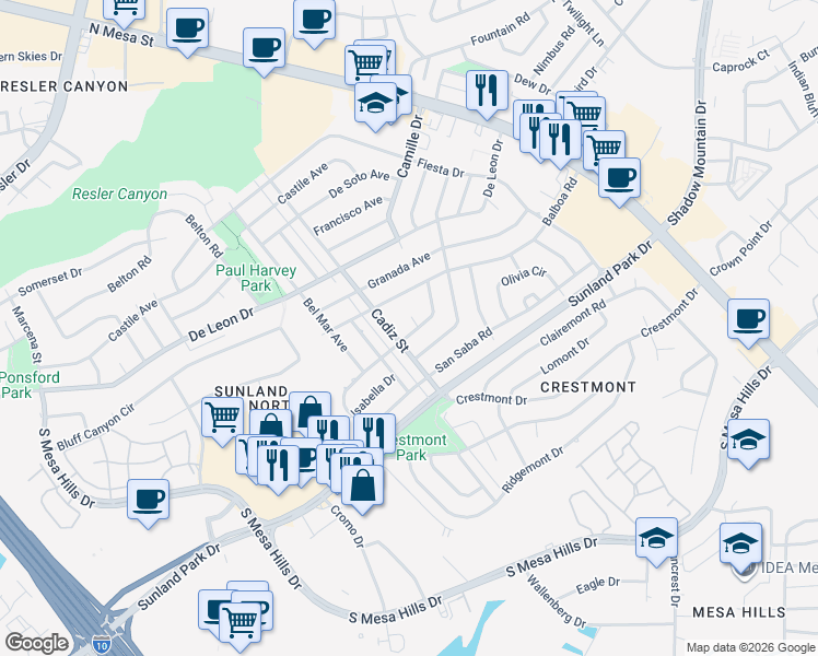 map of restaurants, bars, coffee shops, grocery stores, and more near 6009 Cabrillo Drive in El Paso