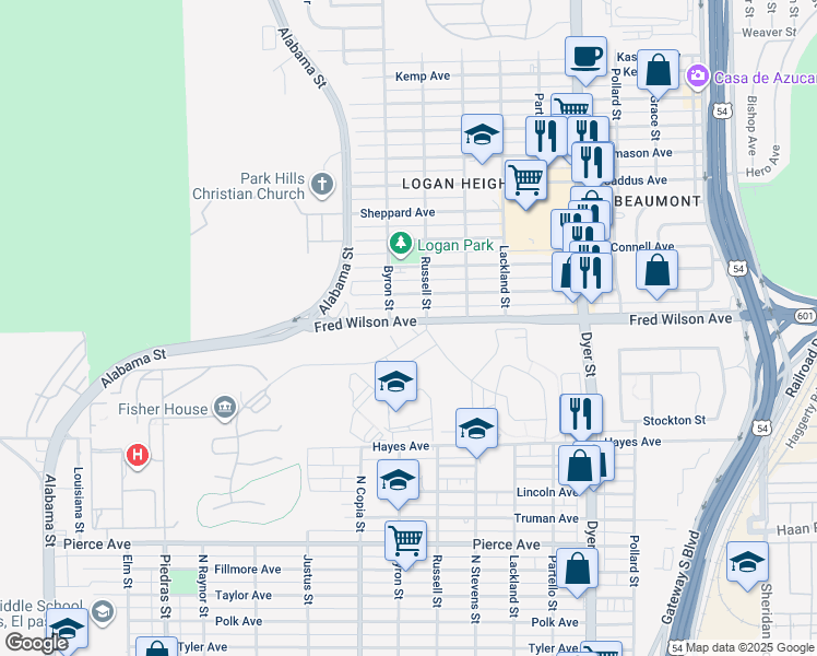 map of restaurants, bars, coffee shops, grocery stores, and more near 7162 Fred Wilson Avenue in El Paso