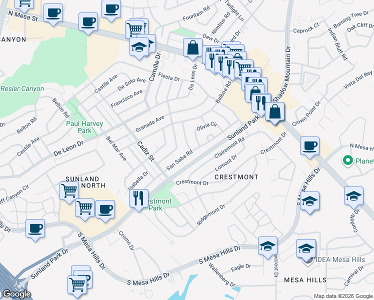 map of restaurants, bars, coffee shops, grocery stores, and more near 6000 Alcalde Avenue in El Paso