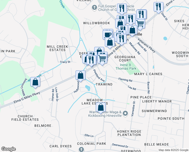 map of restaurants, bars, coffee shops, grocery stores, and more near 912 Pineland Avenue in Hinesville