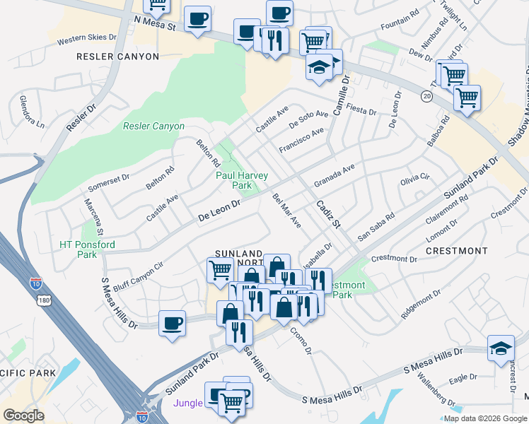 map of restaurants, bars, coffee shops, grocery stores, and more near 658 Bluff Canyon Circle in El Paso