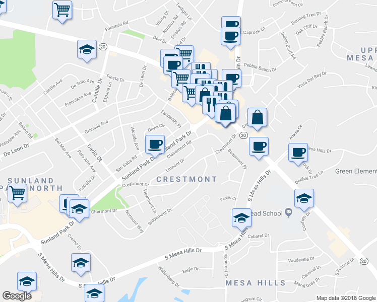 map of restaurants, bars, coffee shops, grocery stores, and more near 225 Lomont Drive in El Paso